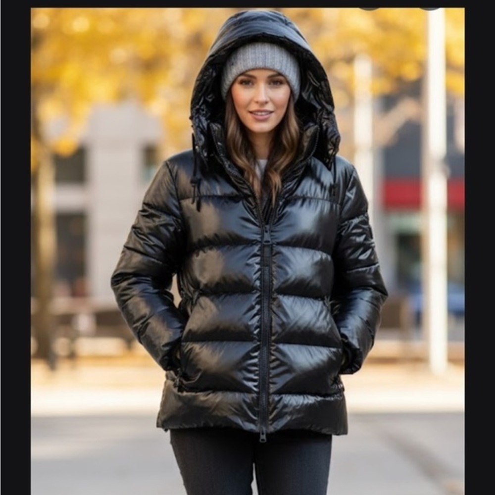 DKNY Glossy Black Hooded Puffer Jacket